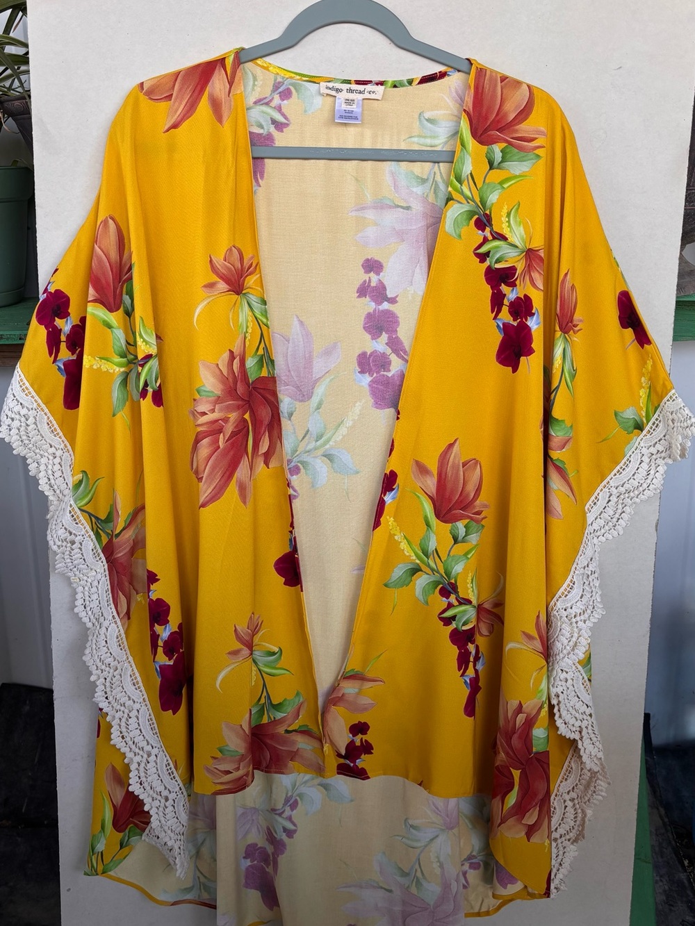 Indigo Thread Co. Yellow Floral Lace-Trim Kimono